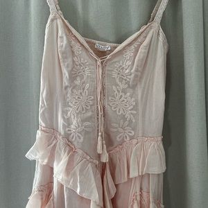 Venus Lace-Up Light Pink Ruffle Flowy Maxi Dress